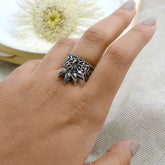 TEEJH Abhilasha Silver Oxidized Multi Leaves Ring For Women